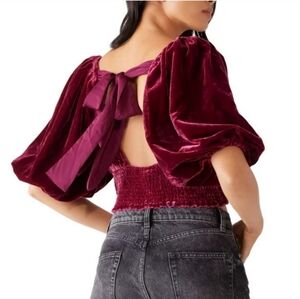Free People Marie Red Velvet Cropped Open Back Peasant Puffed Sleeves Red Large